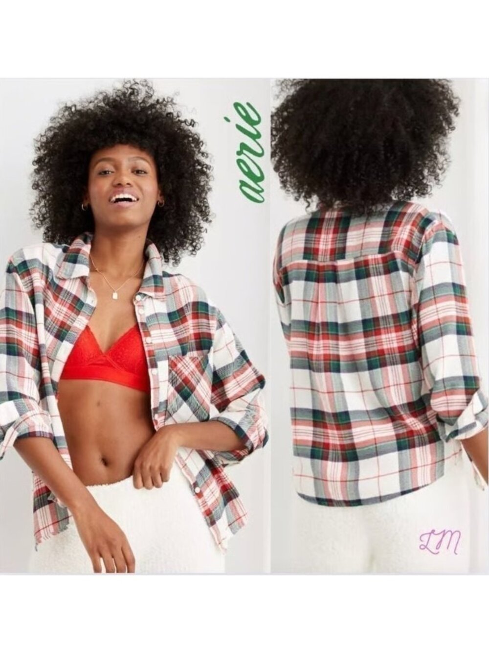 Aerie Flannel Pajama Shirt In Soft Muslin Green Red Size Large Oversized Fit